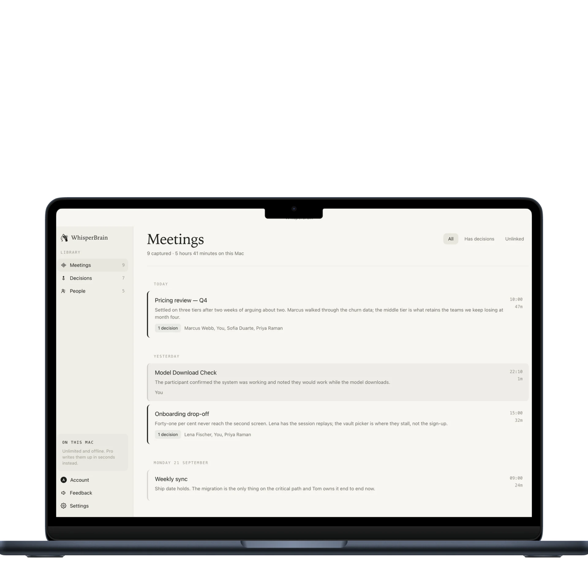 WhisperBrain meeting library with captured meetings and decision counts