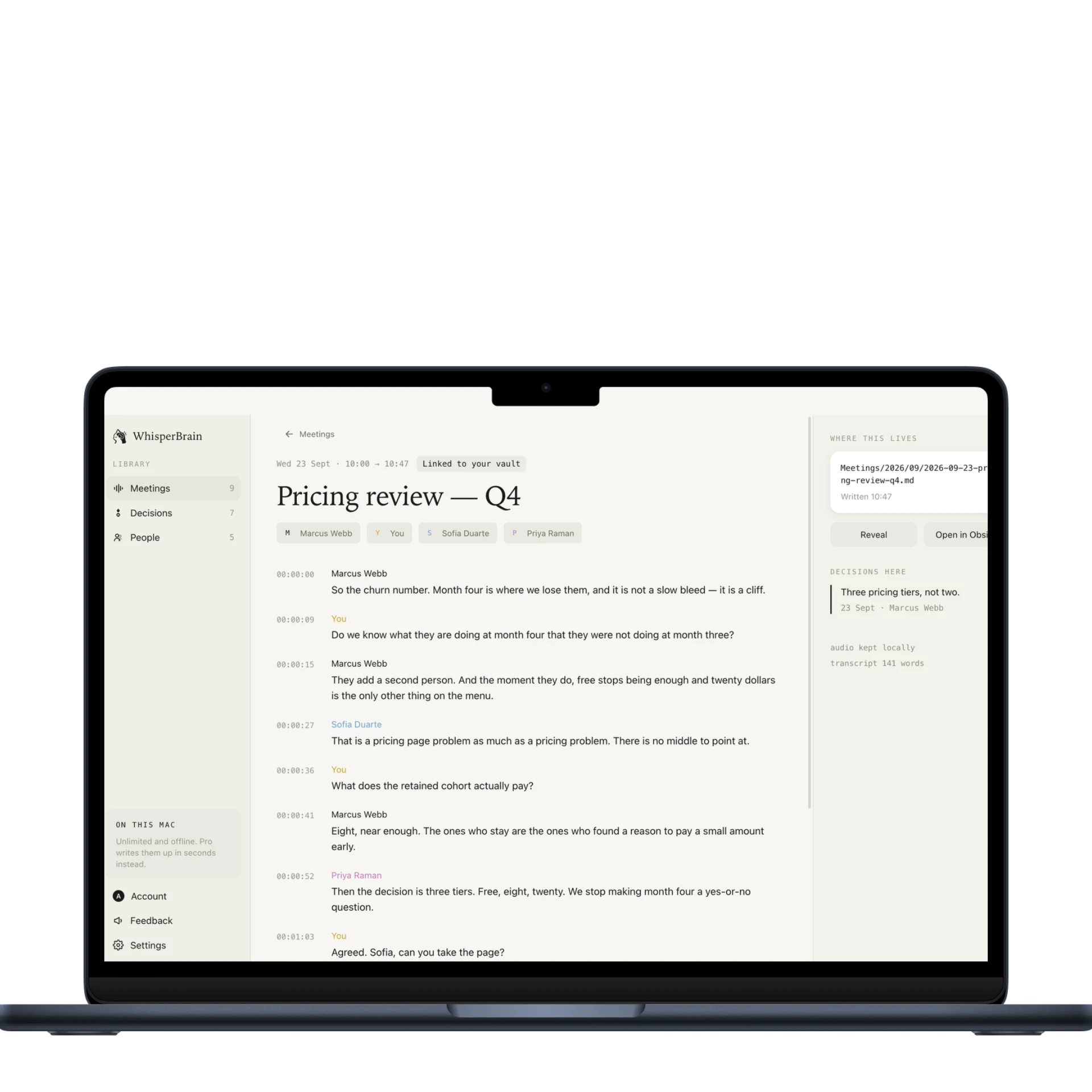 WhisperBrain meeting transcript with speakers, timestamps, and the linked markdown note